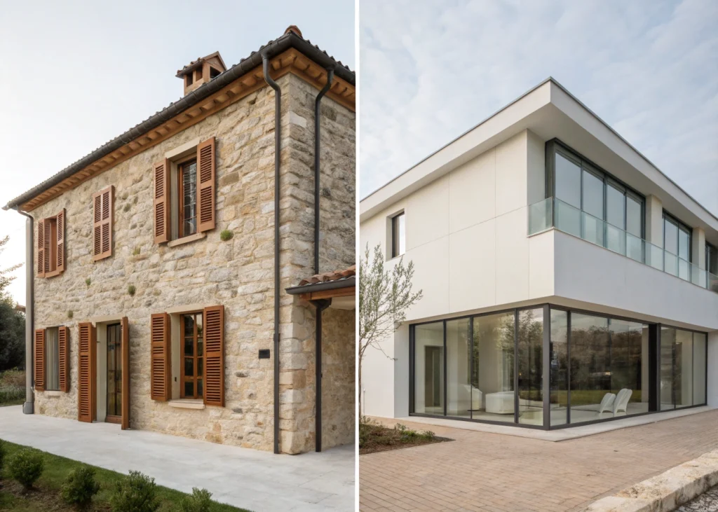 une villa en bord de mer avec façade blanche et bois naturel, une villa de montagne en pierre brute et bardage sombre