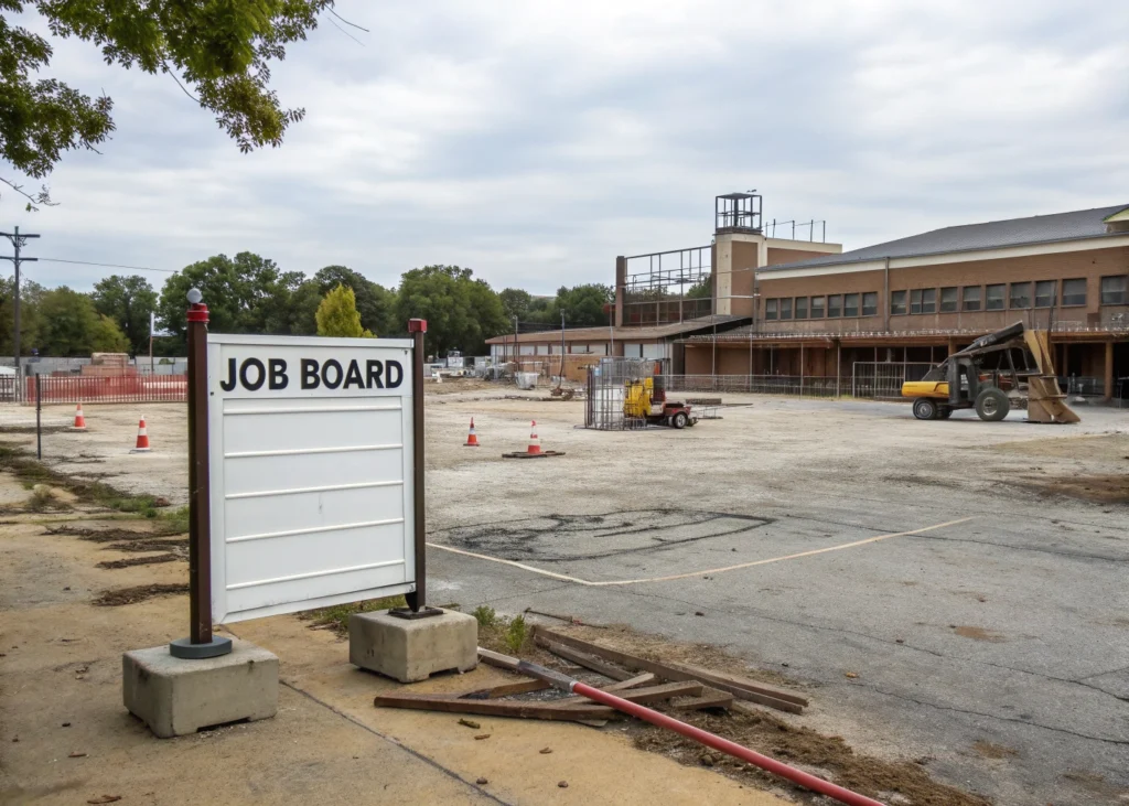 Empty construction site with missing workers