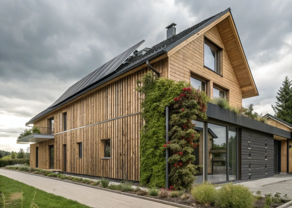 Façade de villa écologique avec mur végétal, bardage bois naturel