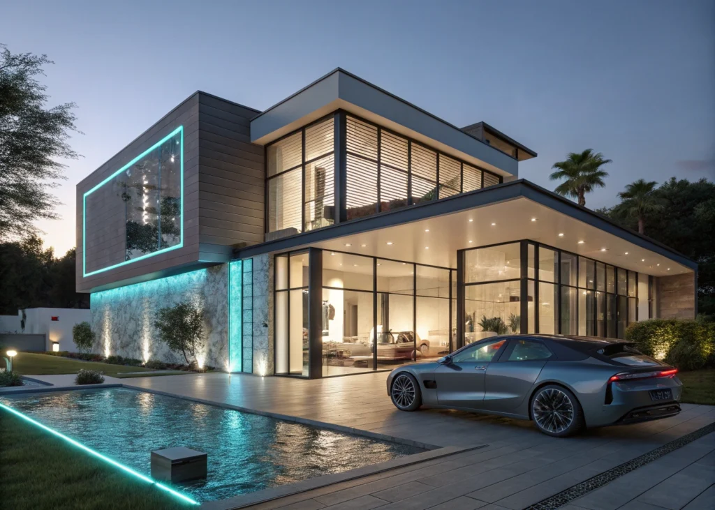 Façade futuriste de villa intelligente, avec panneaux dynamiques