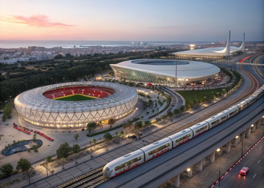illustration of futuristic stadiums and transport