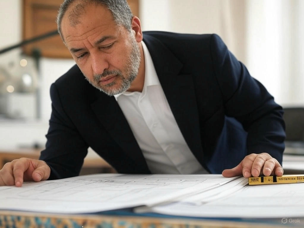 Une photo d’un architecte ou d’un géomètre travaillant sur des plans