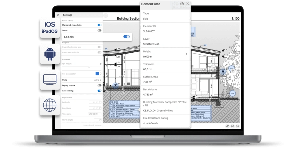 Application BIMx montrant une maquette sur tablette