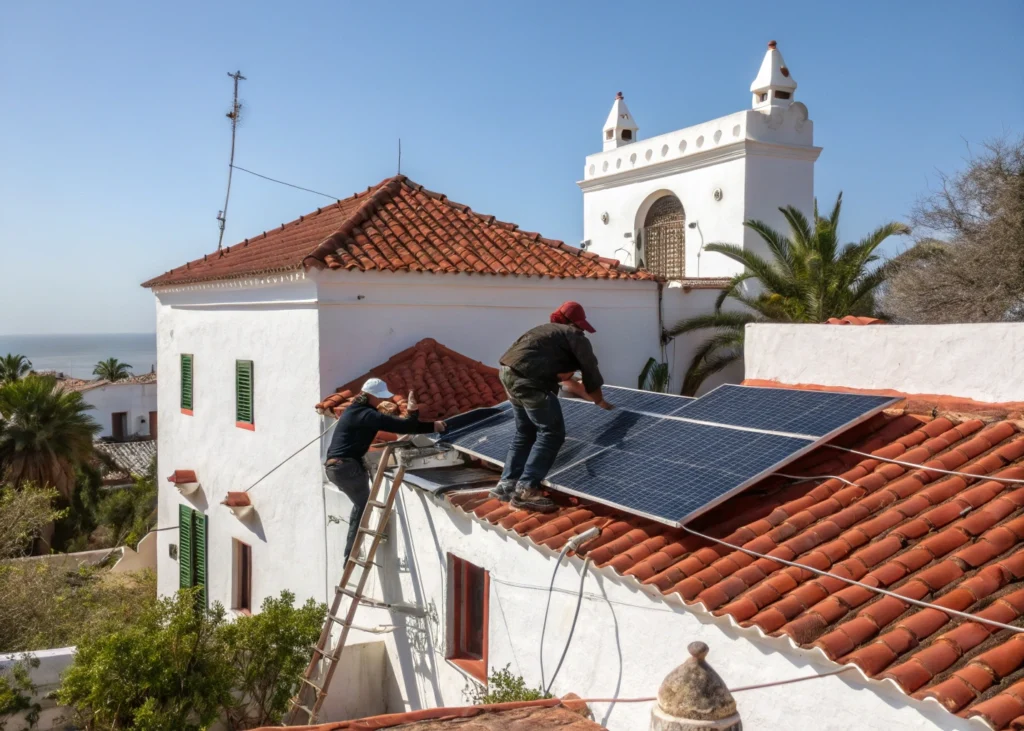 Installation de panneaux solaires sur une maison au Maroc