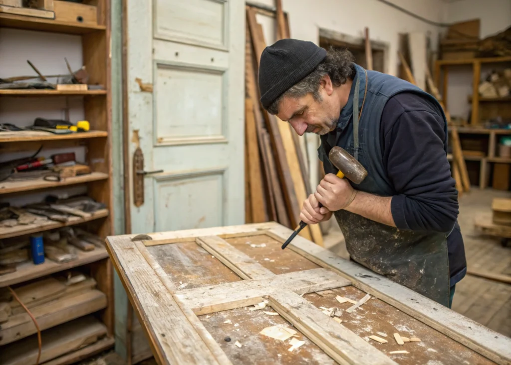 Menuisier rénovant une porte en bois ancienne