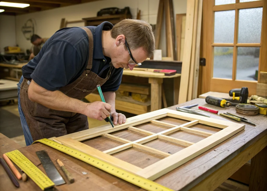 Menuisier fabriquant un dressing en bois sur mesure