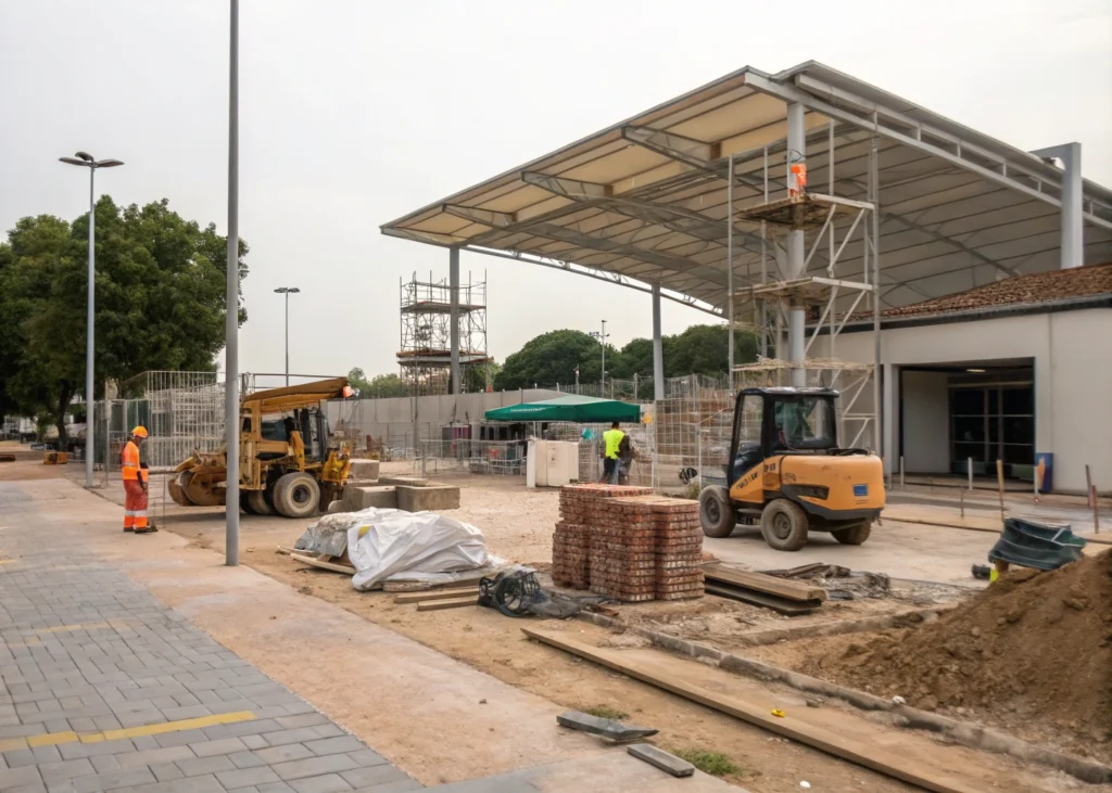 Un chantier de construction partiellement terminé, avec des équipements à l'arrêt.