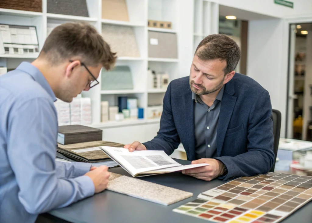 Un entrepreneur en discussion avec un fournisseur, examinant des échantillons de matériaux alternatifs.