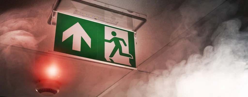 Issue de secours conforme norme incendie dans bâtiment industriel”