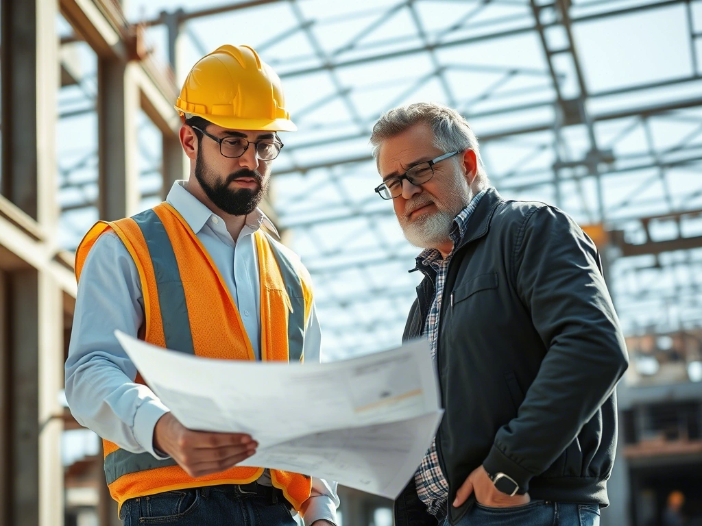 Chef de chantier présentant des plans sur un site industriel en cours