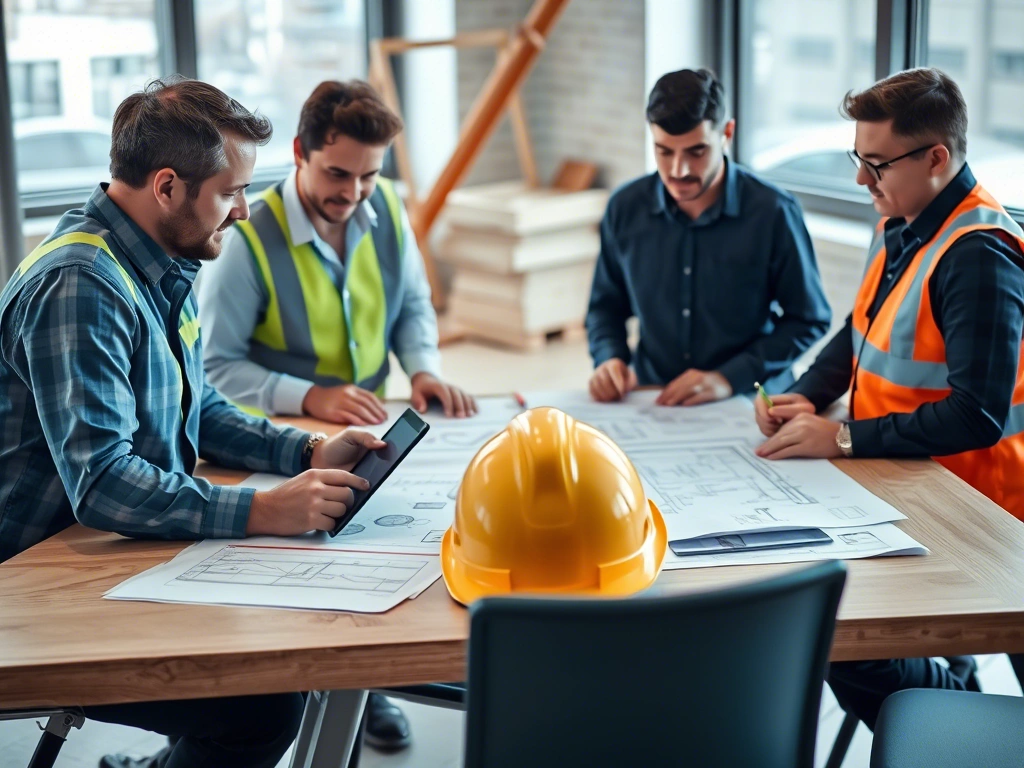 Réunion de gestion de projet autour de plans de construction industrielle