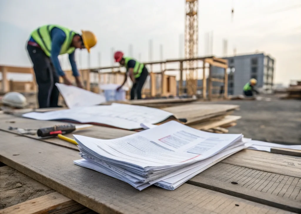 des documents financiers sur un chantier, avec en arrière-plan des ouvriers au travail