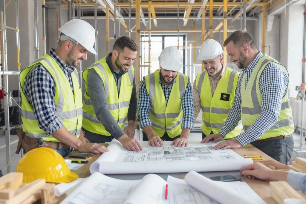 Equipe de construction planifiant un chantier avec des plans détaillés