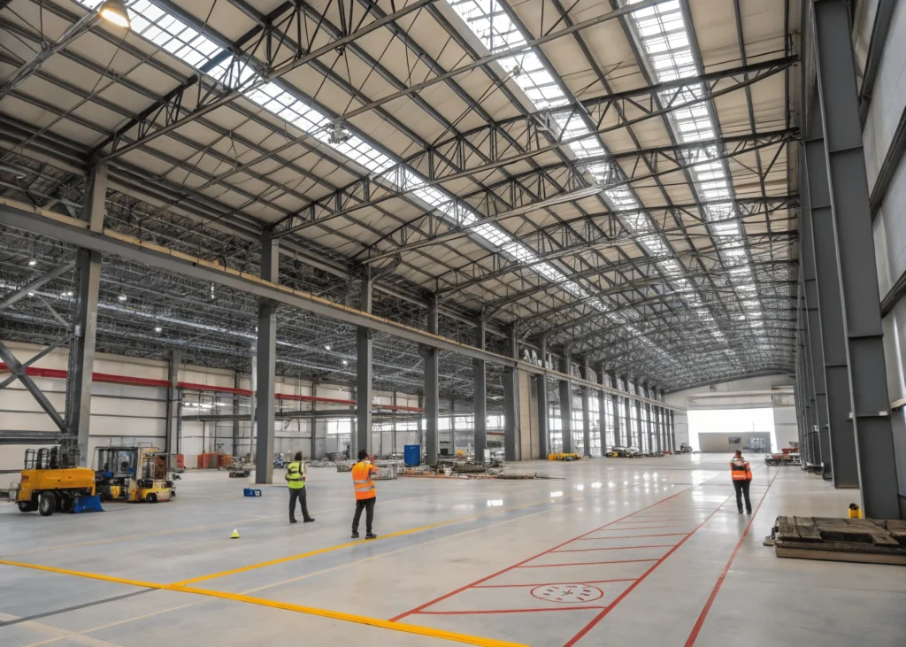 Hall industriel acier en construction respectant les normes Eurocode