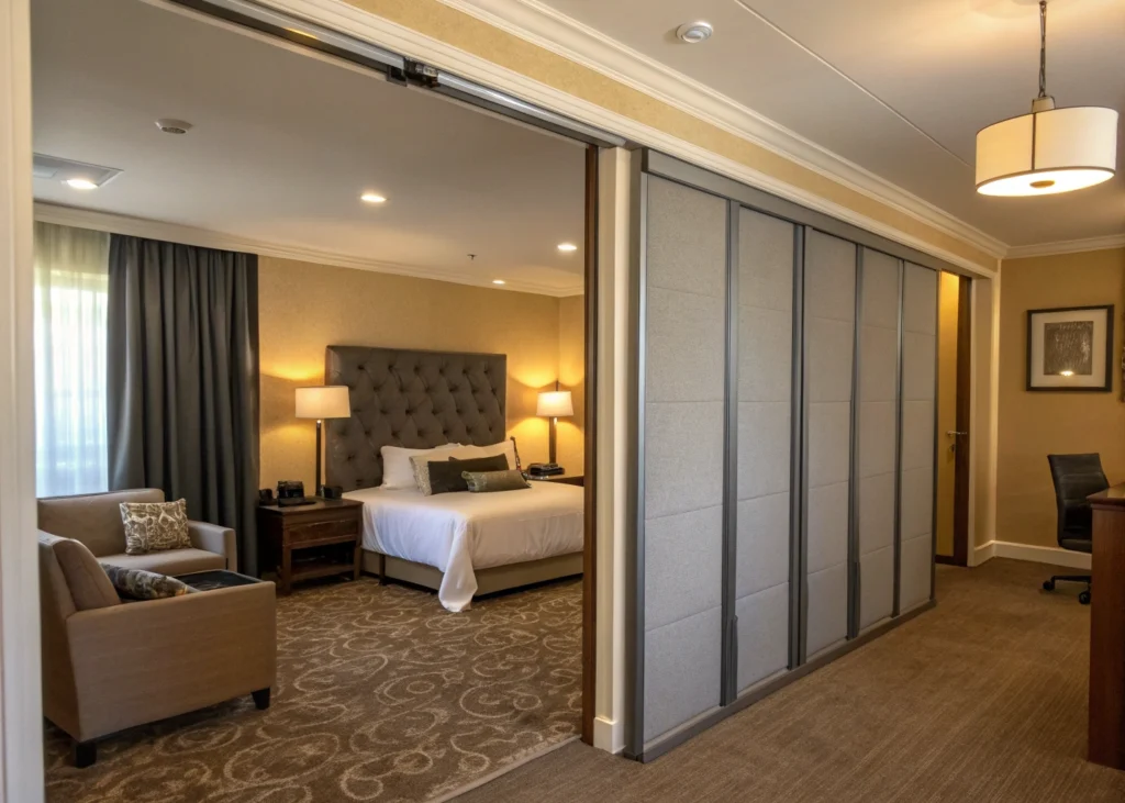 Chambre isolée phoniquement avec cloison en placoplâtre et porte coulissante.