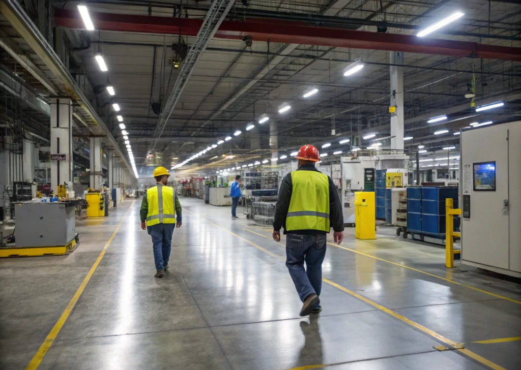 Intérieur d’une usine avec équipements industriels et personnel en action