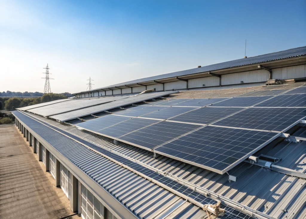 Toiture industrielle isolée avec panneaux solaires