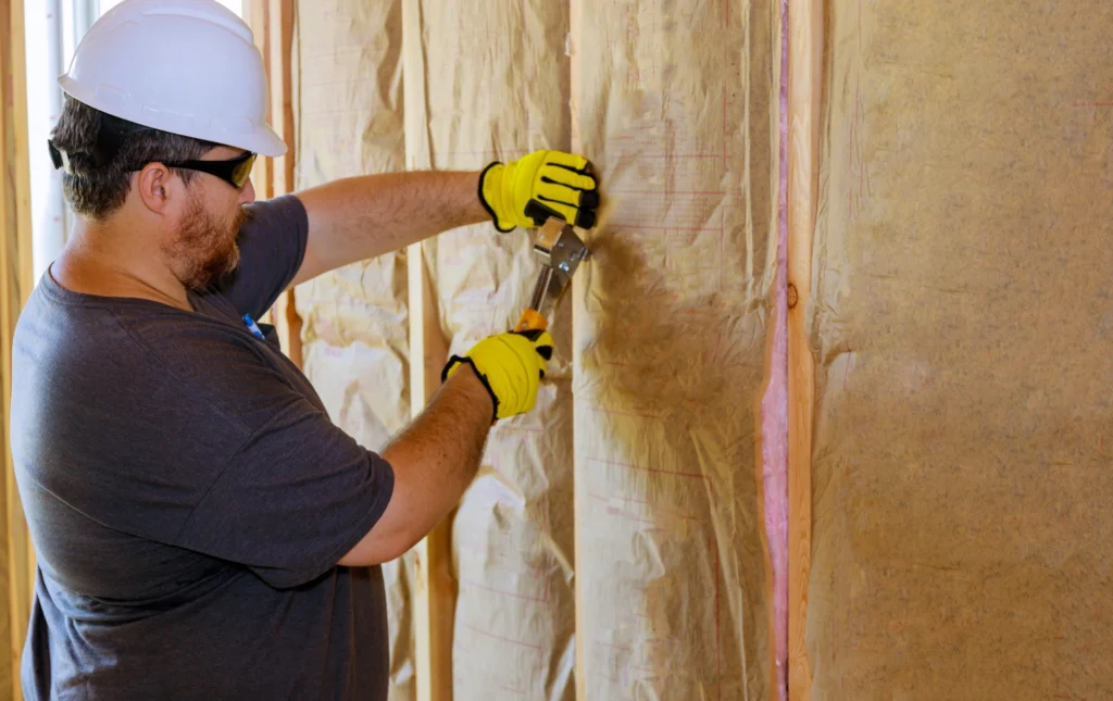 un technicien qui fait le pose d'un material d'isolation