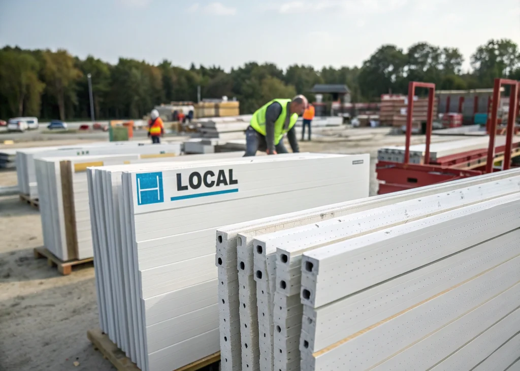 Modules préfabriqués isolants stockés près du chantier, prêts à être posés.