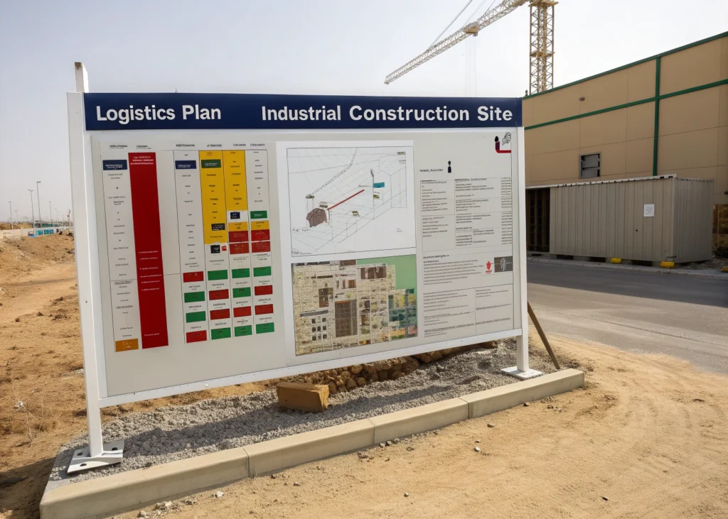 Schéma logistique de chantier montrant zones de stockage et voies de circulation.