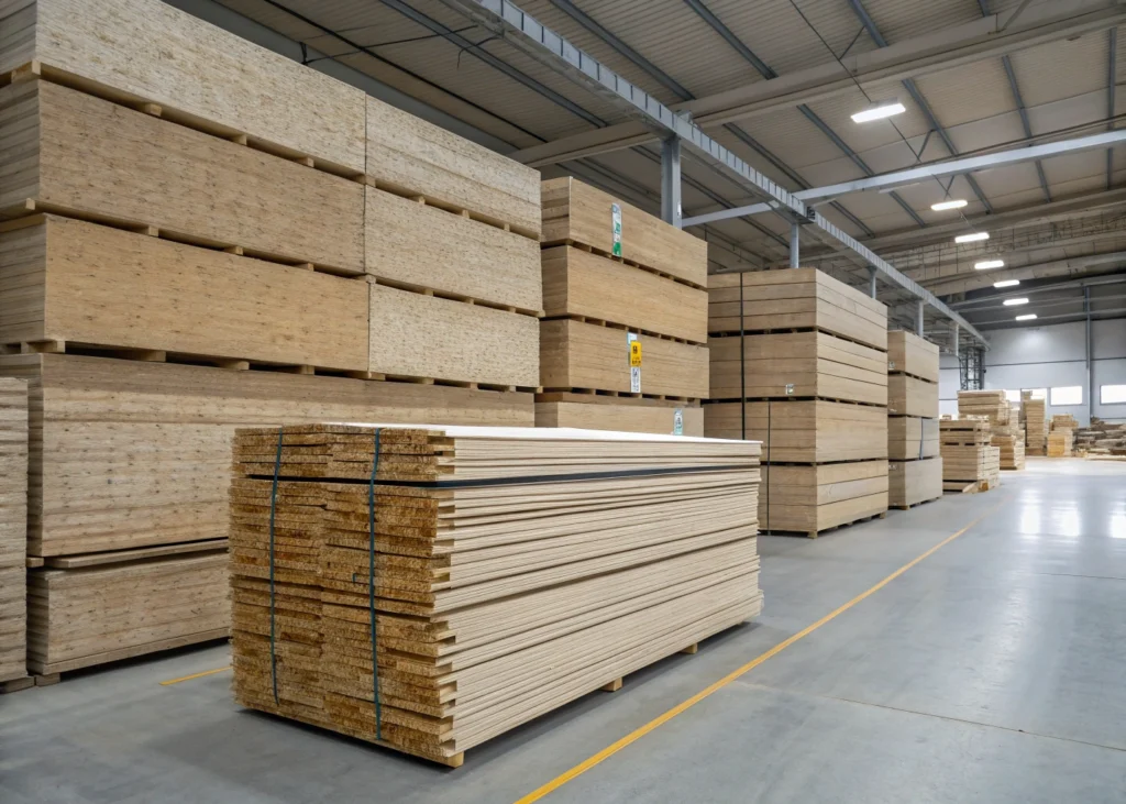 Isolant en fibre de bois stocké dans un chantier industriel