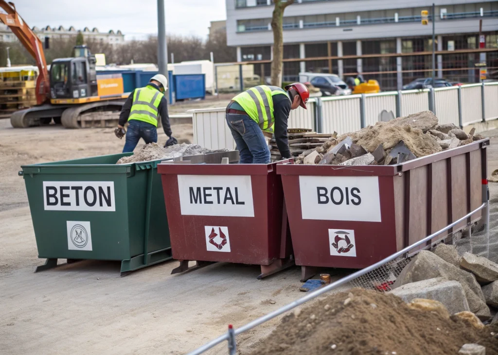 Évacuation et tri des déchets de chantier pour valorisation.