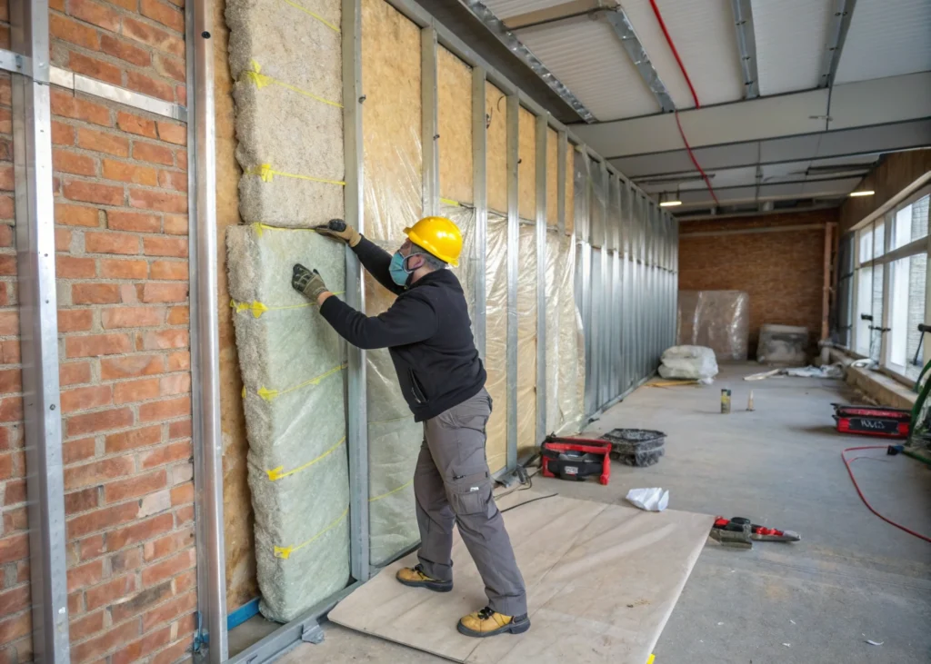 Pose d’un isolant dans une cloison industrielle, étape de la construction