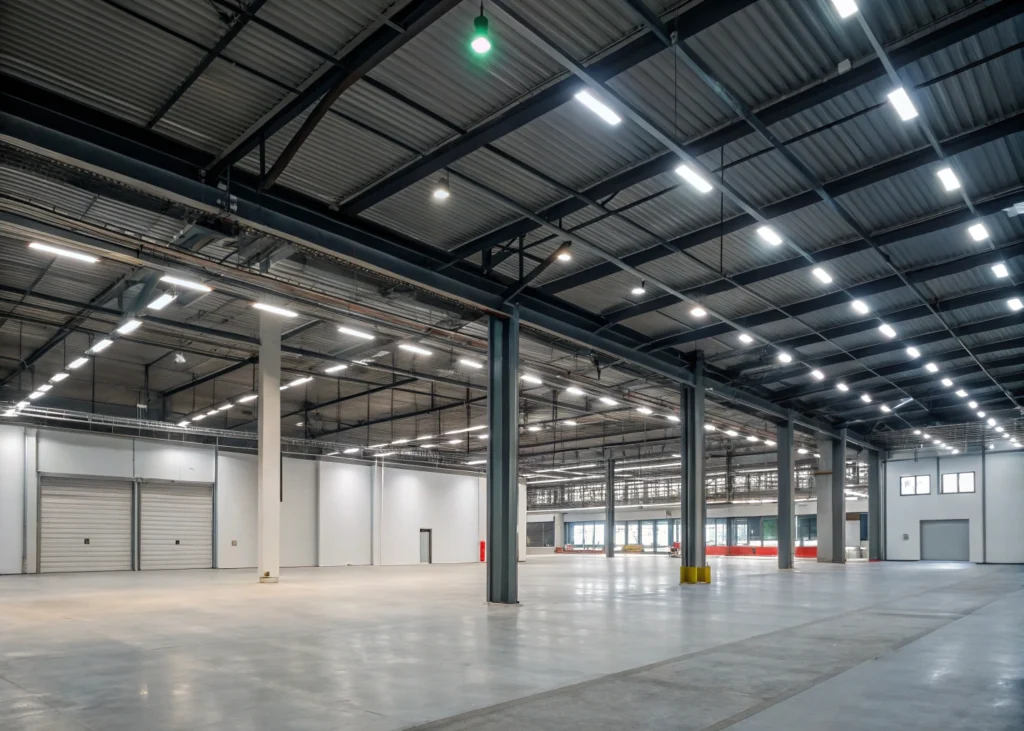 Éclairage industriel optimisé par LED et capteurs de présence.