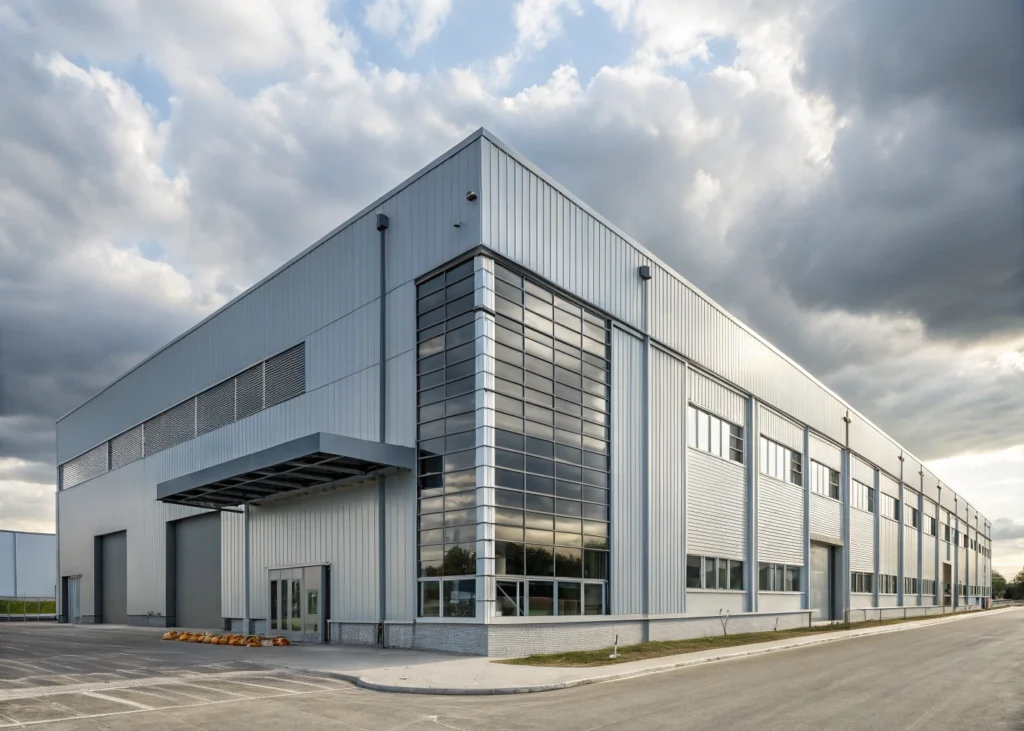 Illustration modulaire d’un bâtiment industriel conçu pour être démonté et recyclé.