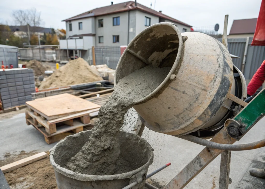 Béton en cours de mélange dans une bétonnière, montrant les proportions équilibrées des composants.