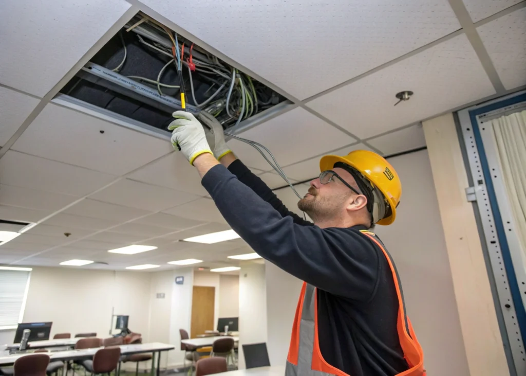 Accès aux réseaux techniques derrière un faux plafond amovible