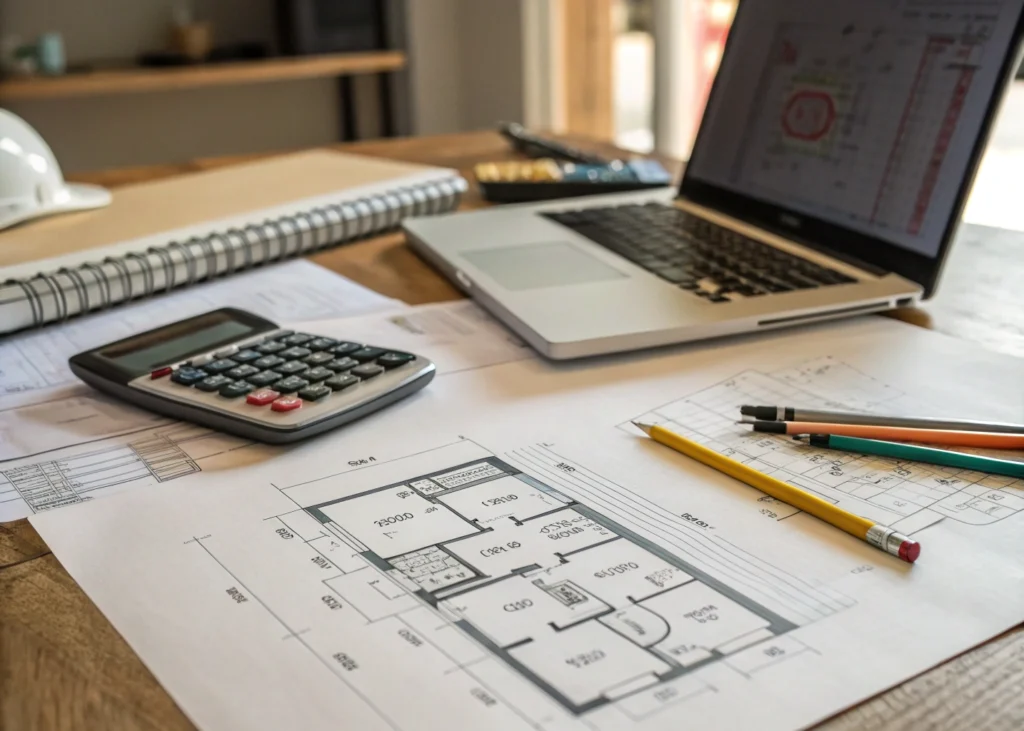 Plan d’architecte sur une table, avec calculatrice, crayons et ordinateur portable à côté.