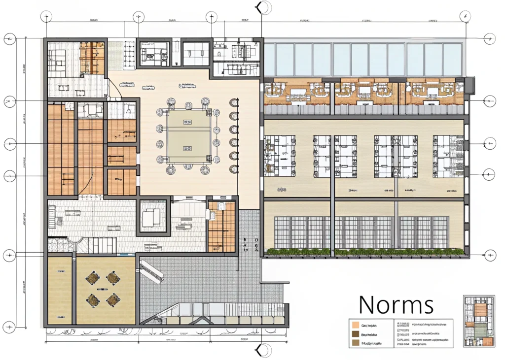 Plan de construction avec détails réglementaires et techniques.
