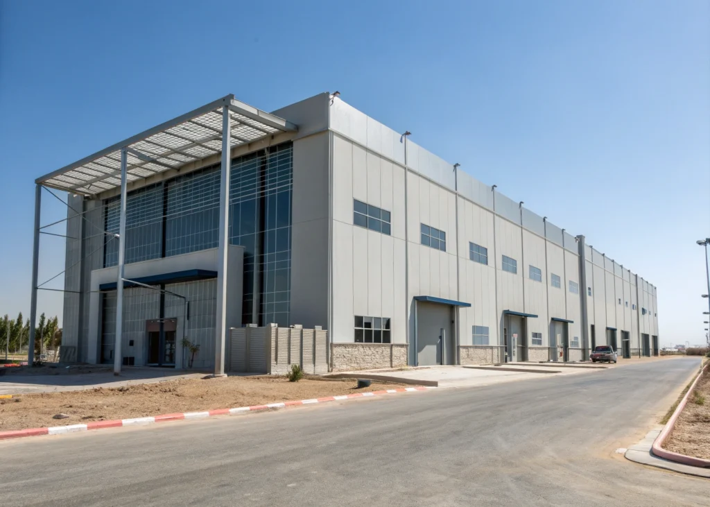 Structure industrielle moderne en béton armé et acier au Maroc.