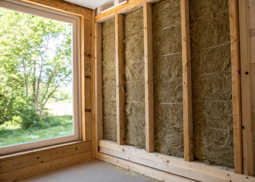 Vue en gros plan d’un panneau isolant en chanvre utilisé dans la construction écologique.