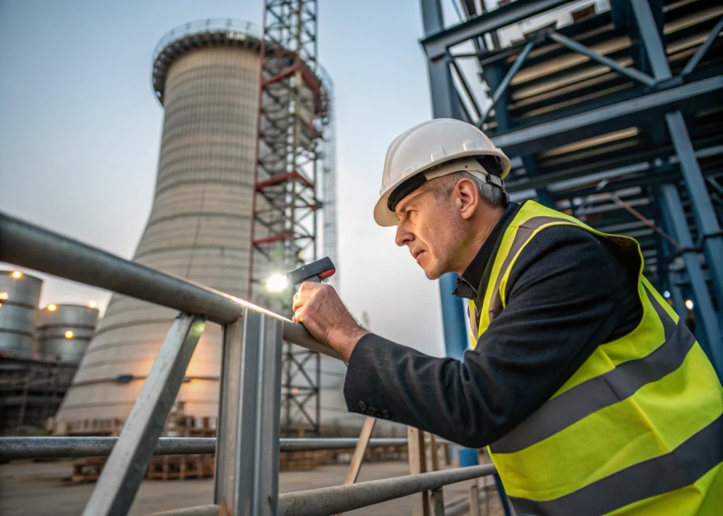 ingénieur examinant la structure métallique d’une centrale énergétique