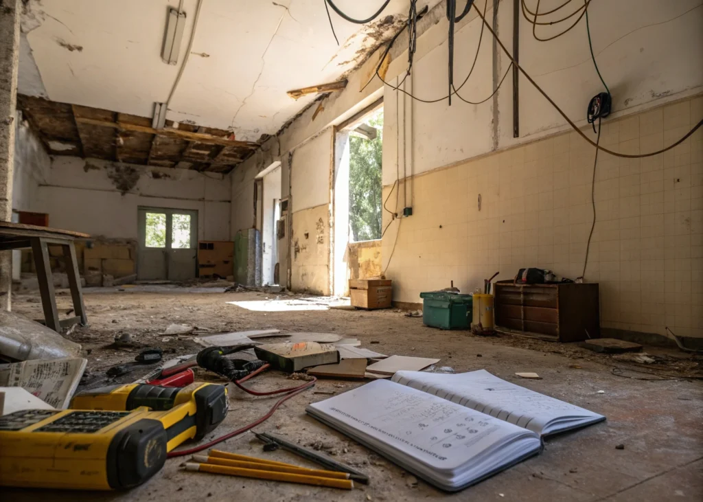 Un professionnel inspectant un mur intérieur avec lampe et carnet de notes.