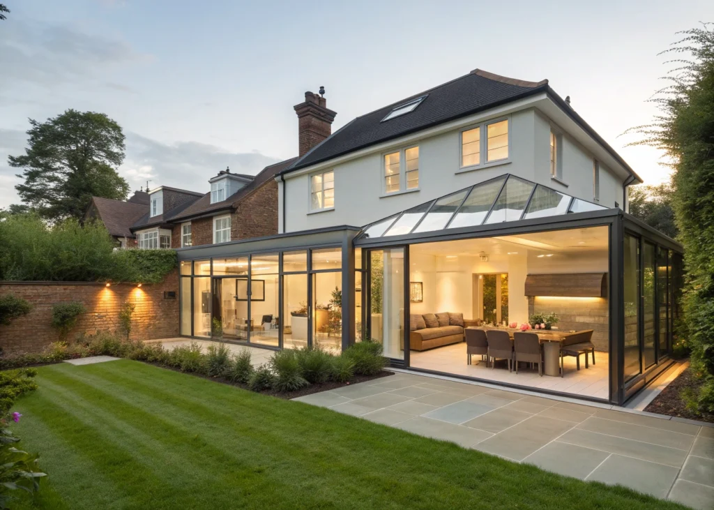 Maison avec extension latérale vitrée intégrée dans le jardin