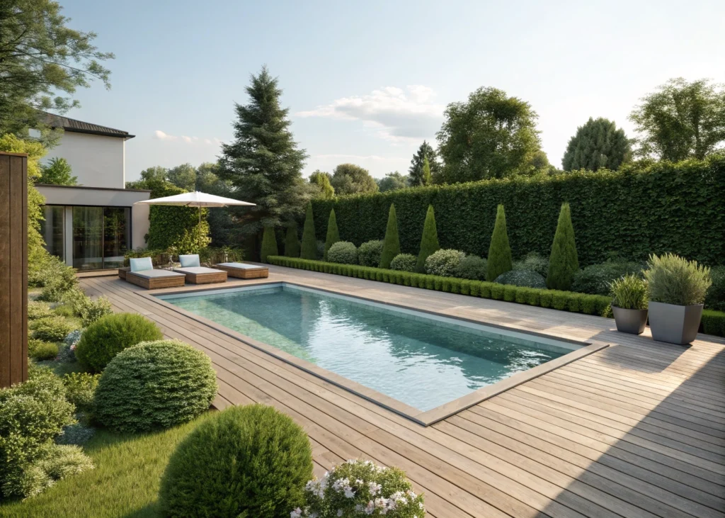 Plan 3D montrant un projet de piscine enterrée avec terrasse.