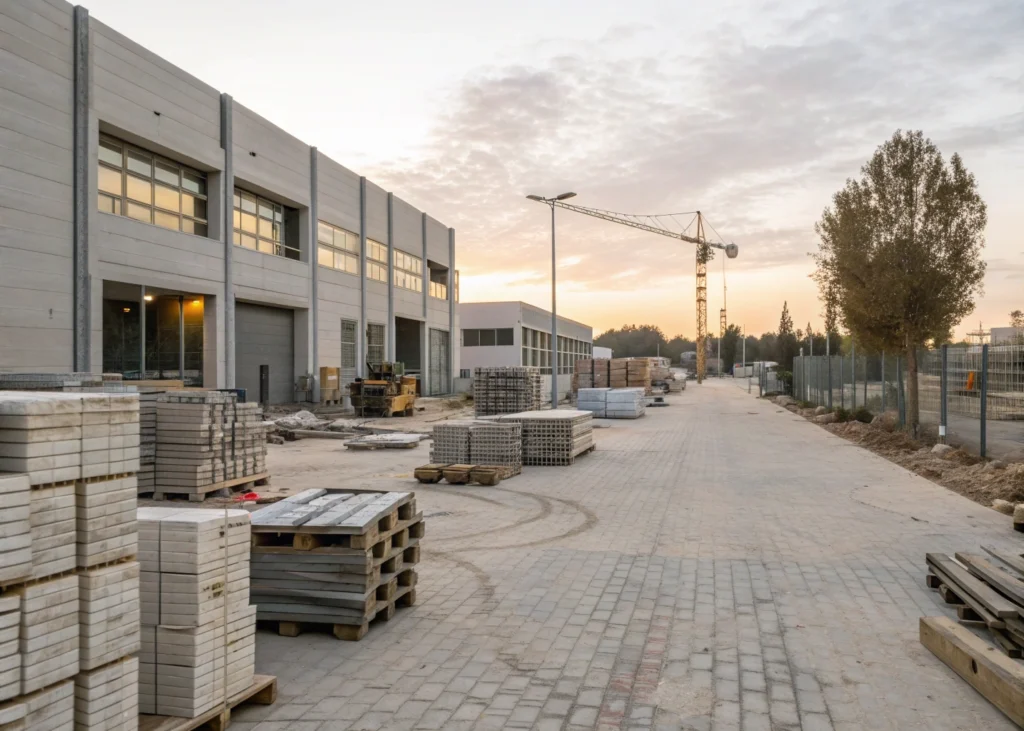 Matériaux recyclés organisés sur un chantier de construction.