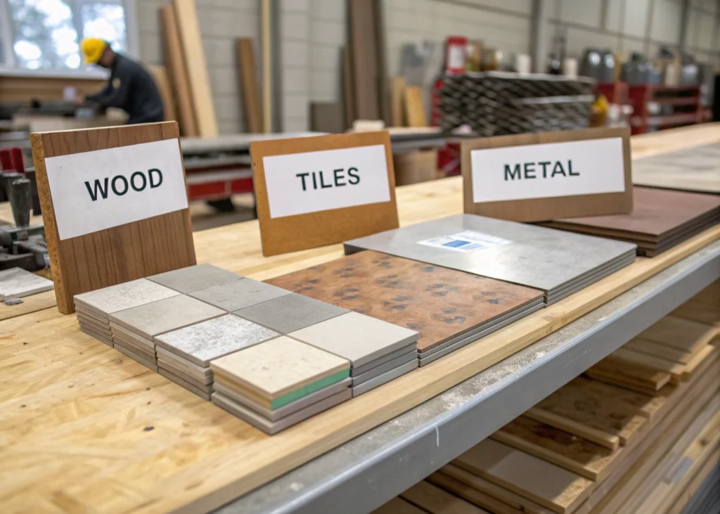 Échantillons de matériaux de construction alignés sur une table de chantier, avec étiquettes de prix visibles.