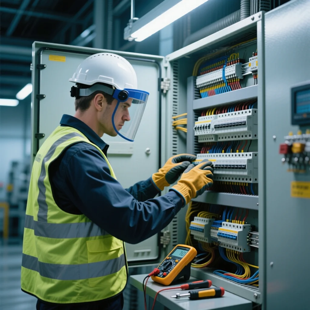 technicien contrôlant un panneau électrique dans un bâtiment industriel.