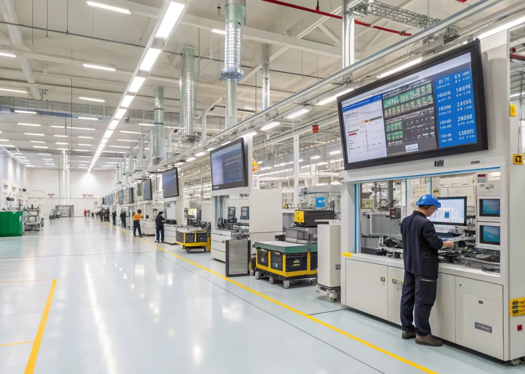 Intérieur d’une smart factory avec outils numériques et construction connectée.