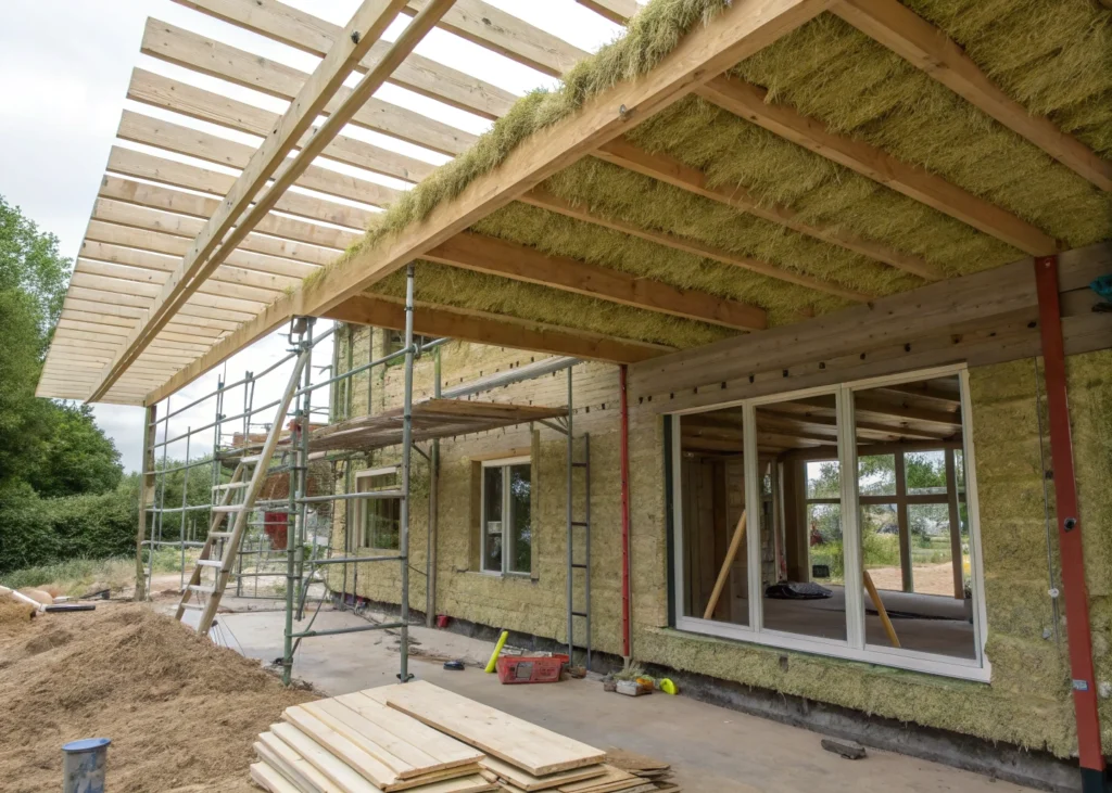 Structure en bois d’un bâtiment en chantier, avec isolation au chanvre visible entre les poutres.
