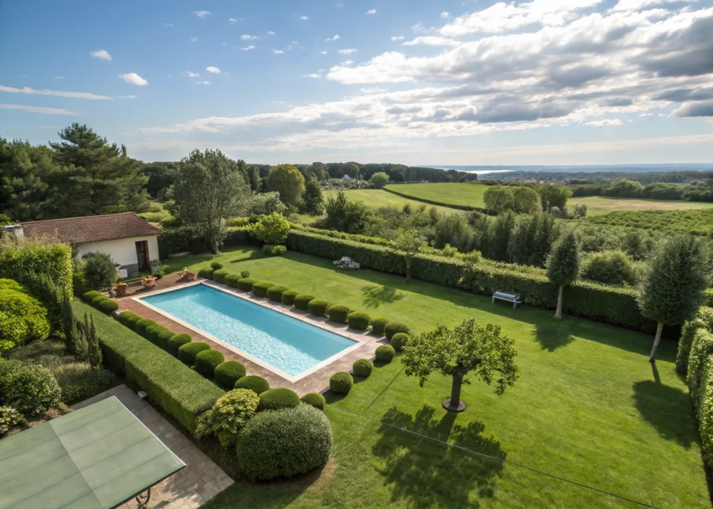 Jardin vu du ciel avec emplacement optimal pour piscine.