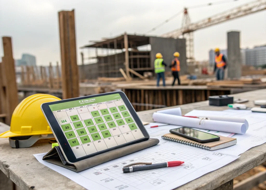 Planification numérique montrant le respect des délais d’un projet de construction.