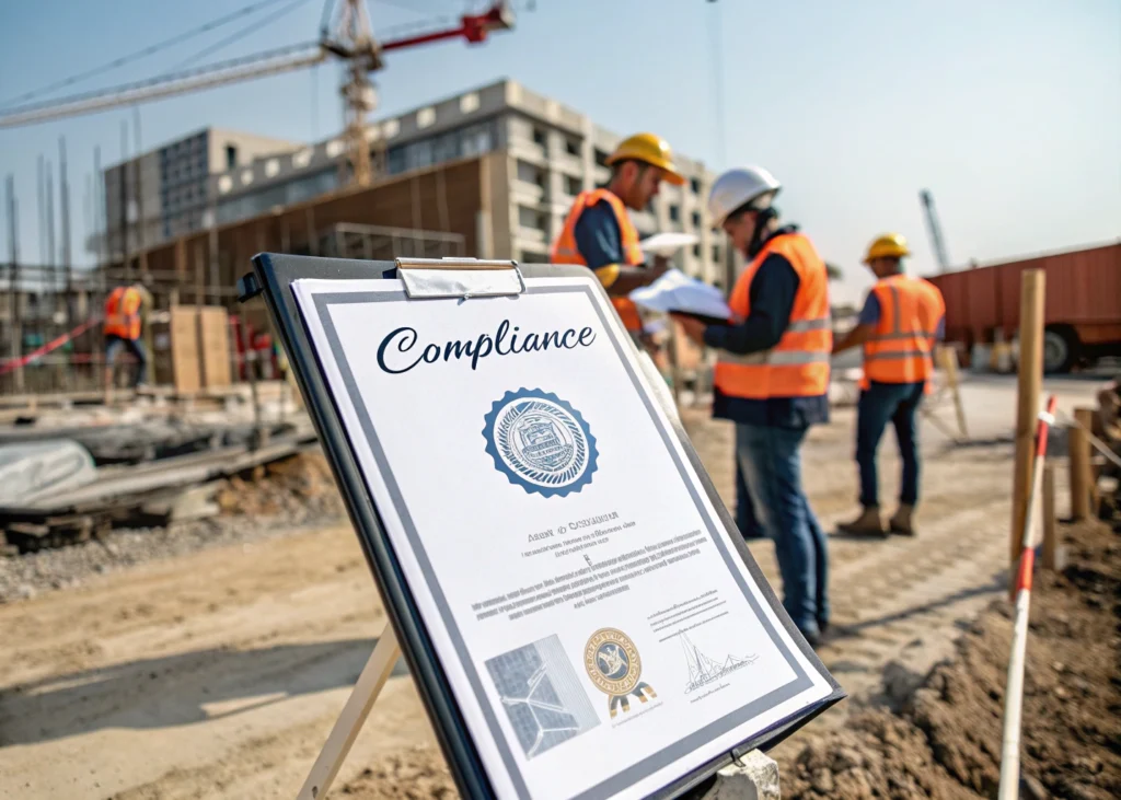Certification affichée sur un chantier industriel.