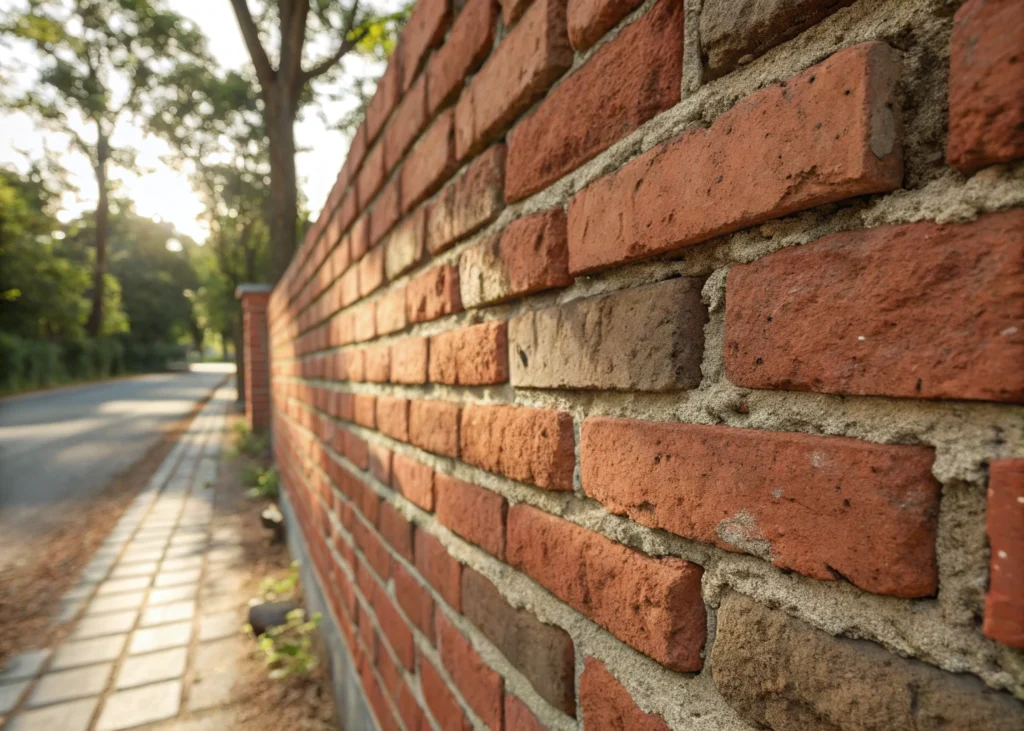 Détail d’un mur fait avec des briques recyclées.