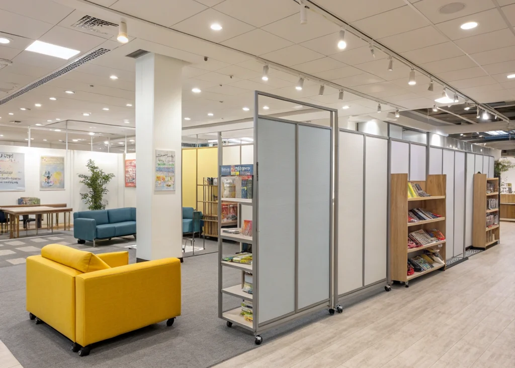 Espace commercial avec mobilier modulable et cloisons amovibles.