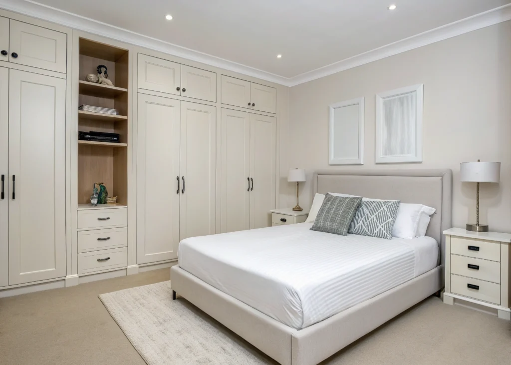 Chambre ordonnée avec mobilier minimaliste et rangements intégrés.